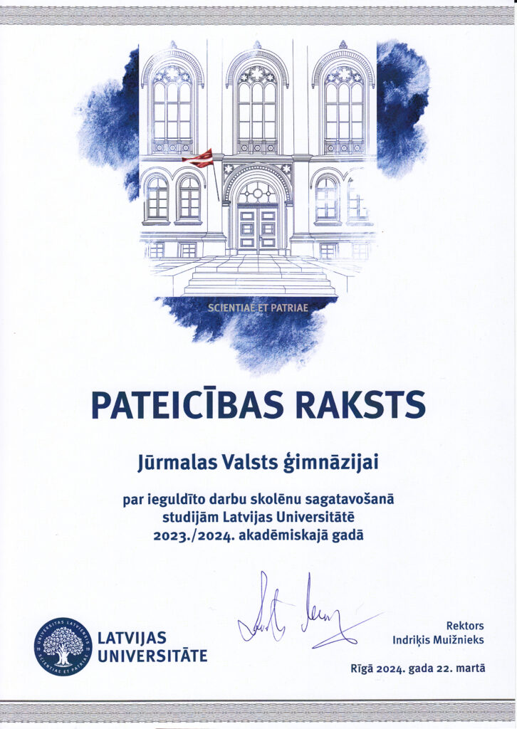 Jūrmalas Valsts ģimnāzija un vēl 42 Latvijas skolas saņēmušas Latvijas Universitātes (LU) atzinības rakstus par sekmīgu skolēnu sagatavošanu studijām augstākās izglītības iestādē.