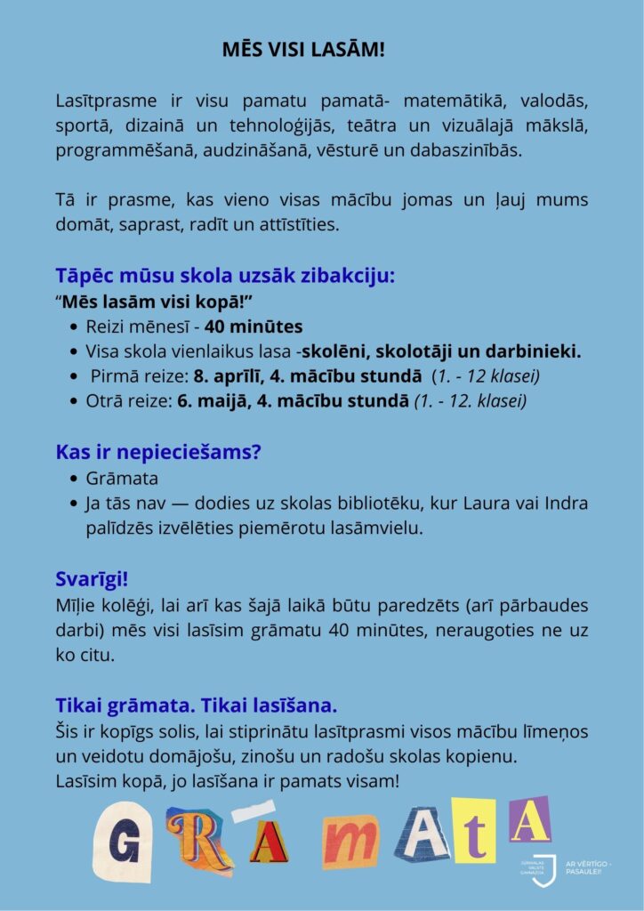 Jūrmalas Valsts ģimnāzija uzsāk zibakciju “Mēs lasām visi kopā”